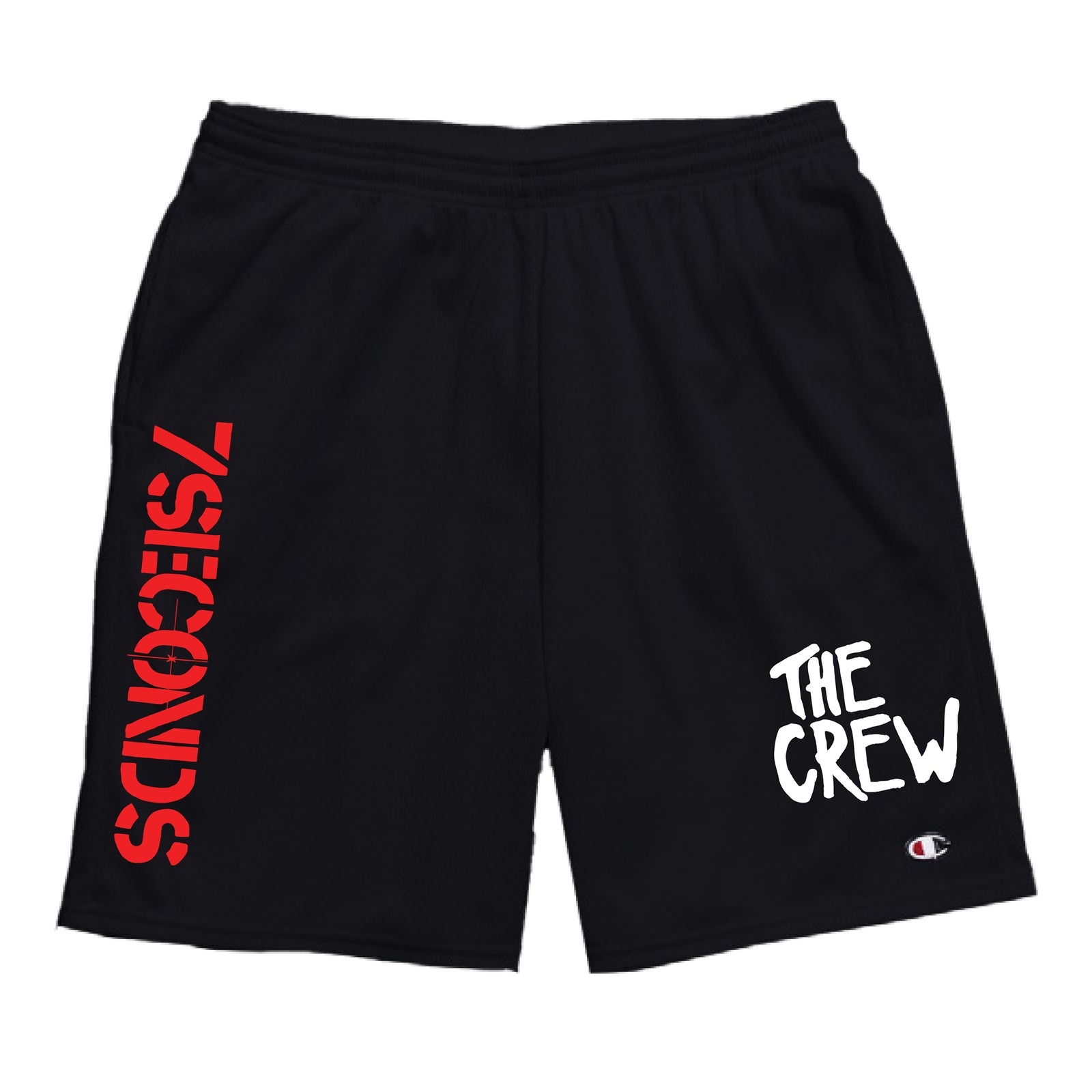 Black mesh Champion shorts by 7 Seconds with 7SECONDS in bold red on the left leg, THE CREW in white graffiti font on the right, plus side pockets and a Champion logo near the right hem.