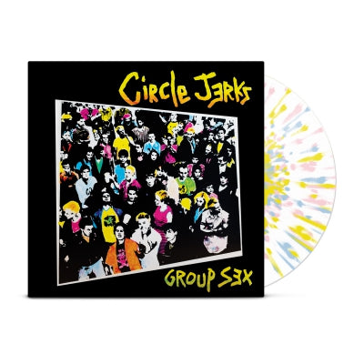 Circle Jerks’ Group Sex 40th Anniversary album features a black cover with a colorful crowd scene, yellow band name and title, and includes a limited edition splatter vinyl.
