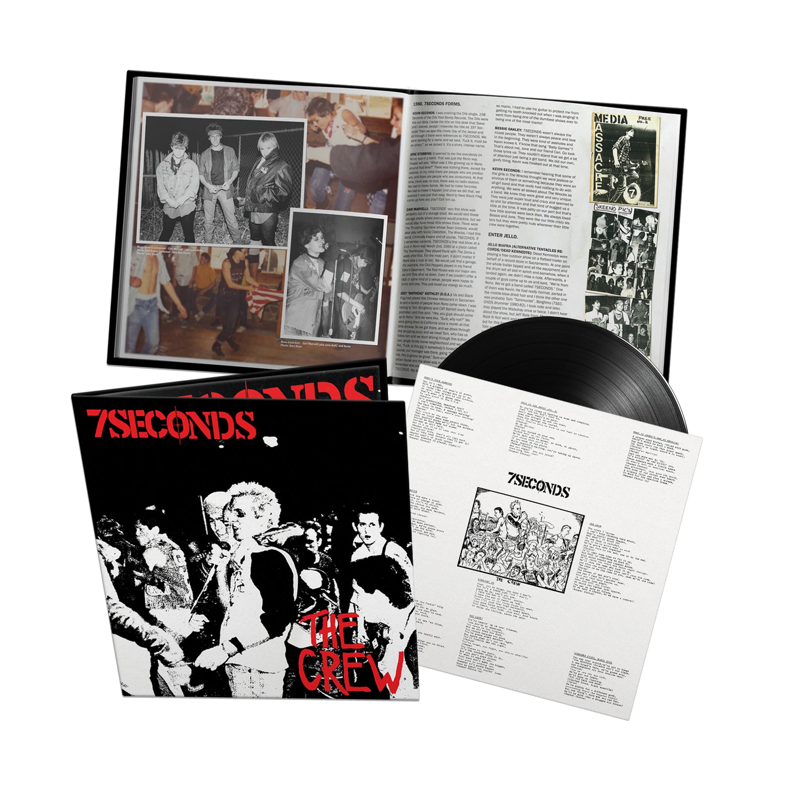 The 7 Seconds vinyl record set of The Crew features remastered sound, a deluxe gatefold with black-and-white band photos, printed liner notes, cover, inner lyric sheet, and an exclusive 20-page booklet.