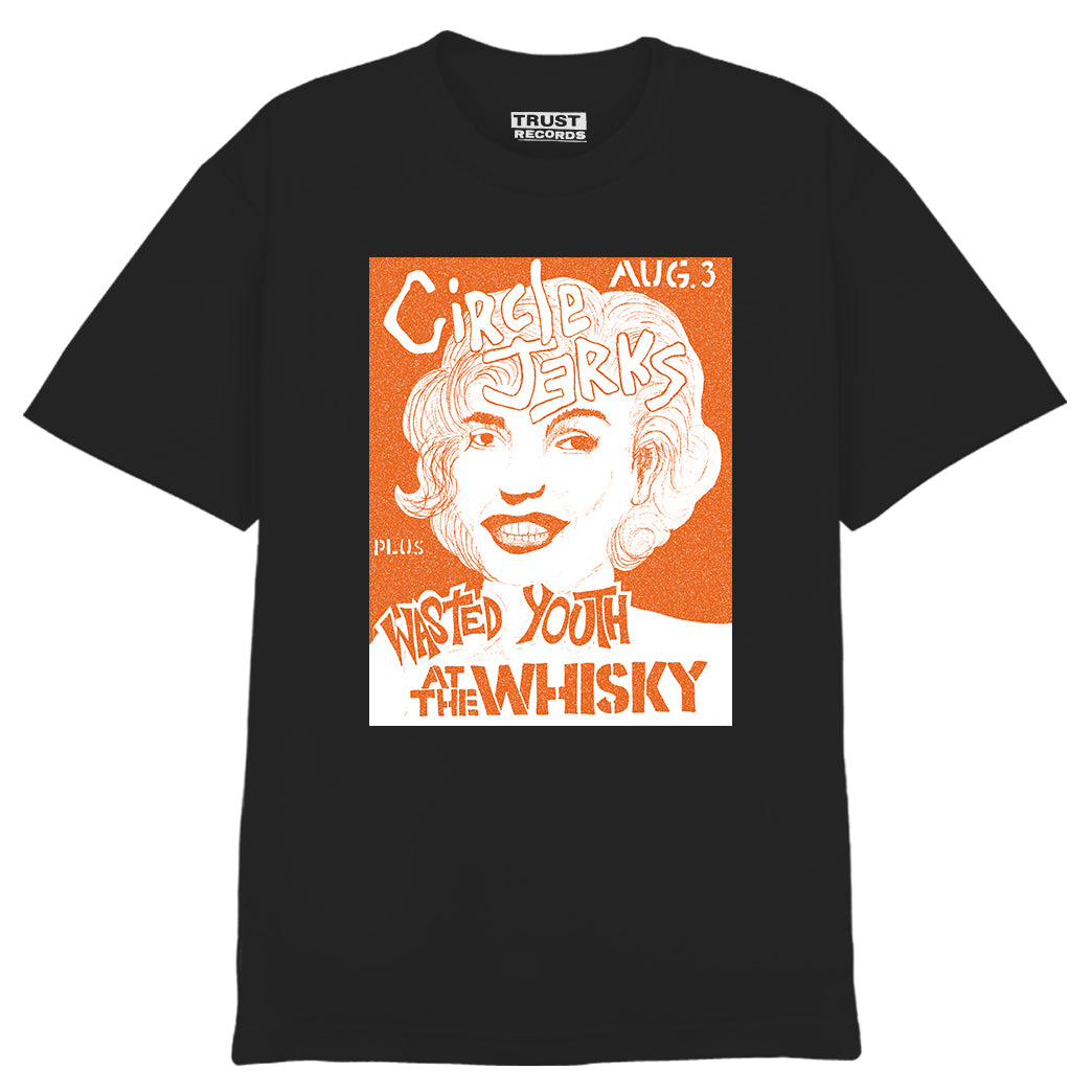 Circle Jerks t-shirt with an orange and white graphic of a womans face, Circle Jerks Aug. 3, Wasted Youth, and At the Whisky text. Retro punk show flyer style—perfect for any fan! Brand: Circle Jerks.