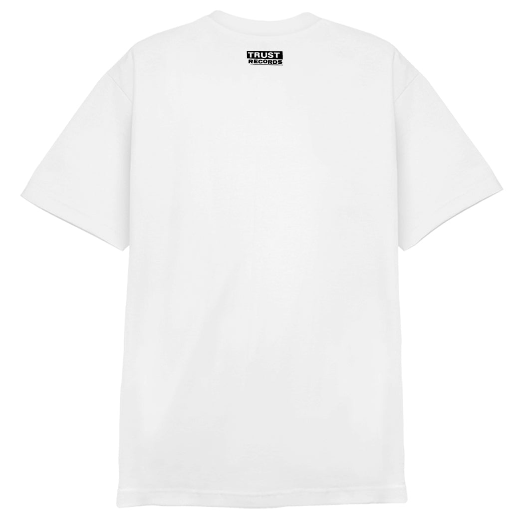 White hand drawn t-shirt by 7 Seconds featuring black cartoon drawings of four men—Troy!, Steve, Bobby!, Kevin!—in heart shapes. Text: Heartthrobs from Reno... 7 Seconds. On tour soon! Trust Records—watch out, America!.