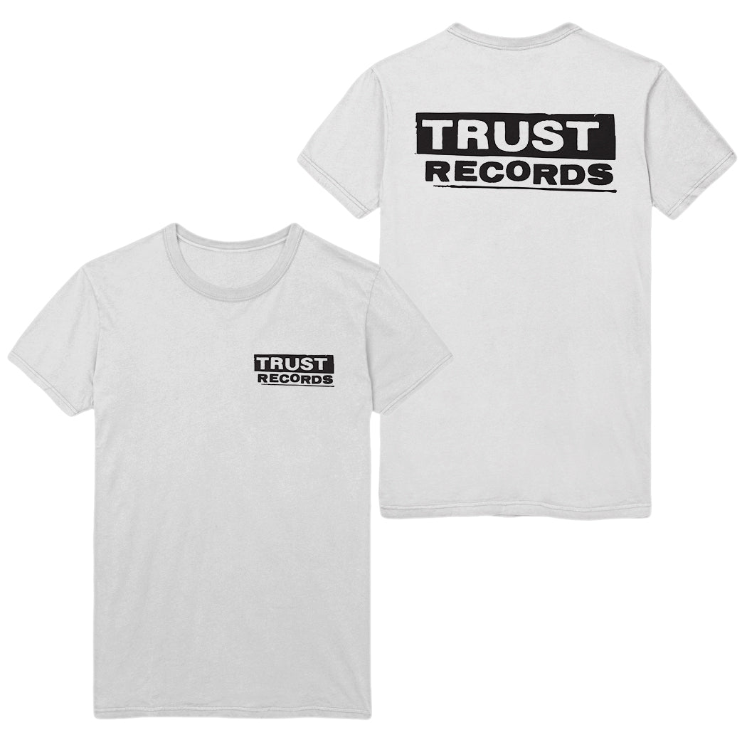 Trust Records white T-shirt with bold black Trust Records logo on front left chest and large Trust Records text across the upper back.