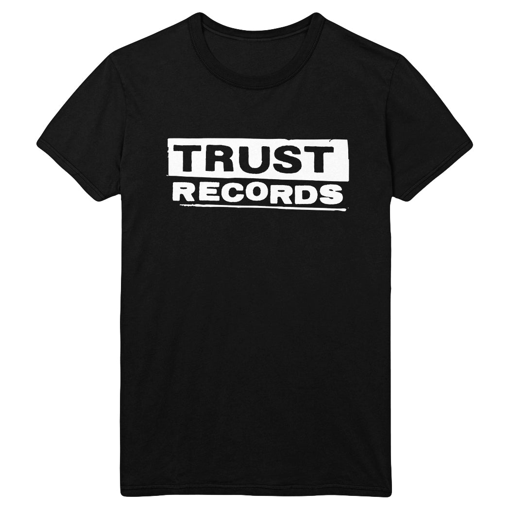 Trust Records black T-shirt with bold white uppercase Trust Records logo displayed within two rectangular blocks on the chest.