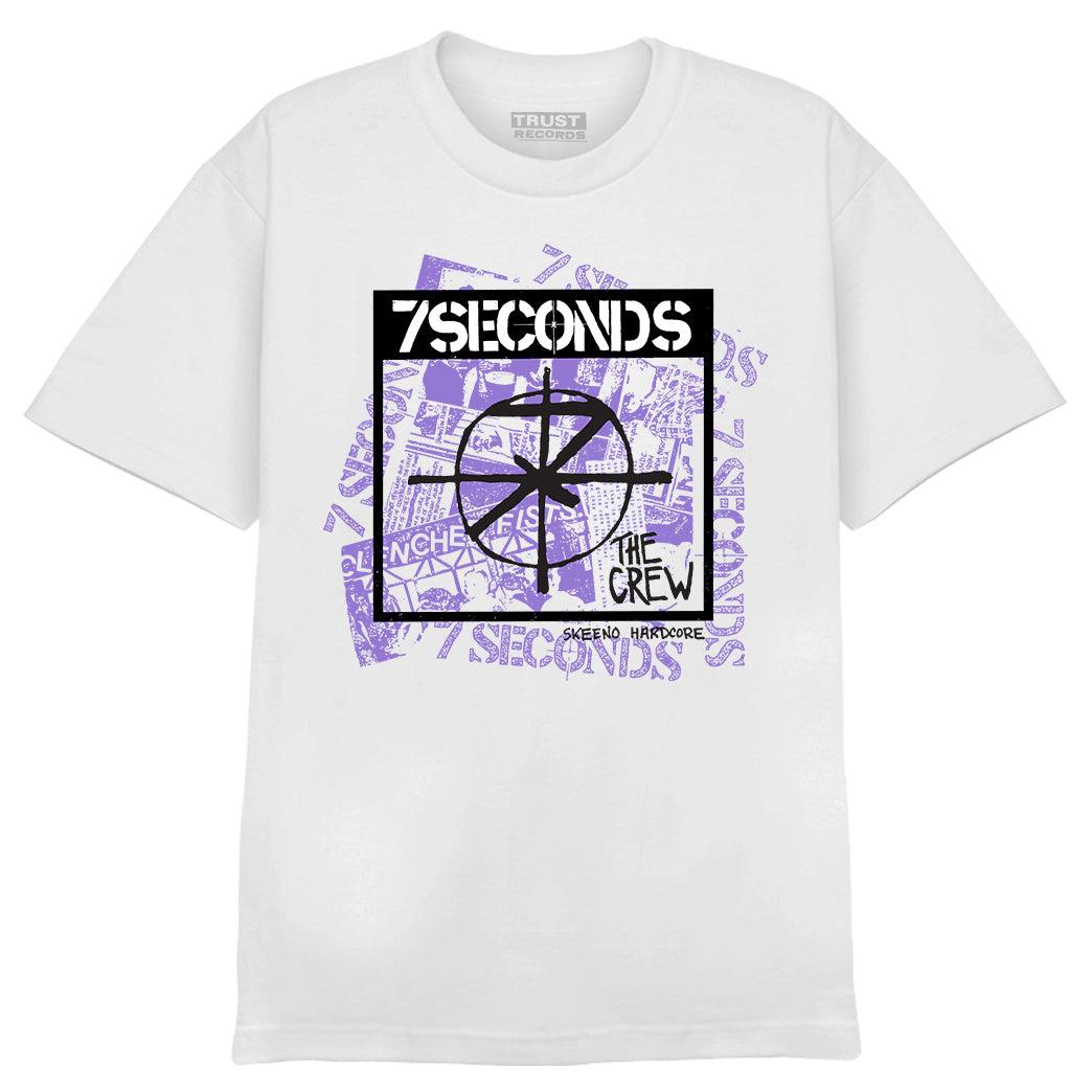 7 Seconds white 100% cotton Alstyle 1301 T-shirt with bold 7SECONDS, a large anarchy symbol, and purple zine graphics. Features THE CREW and Sprained Hardcore in black silkscreen print.