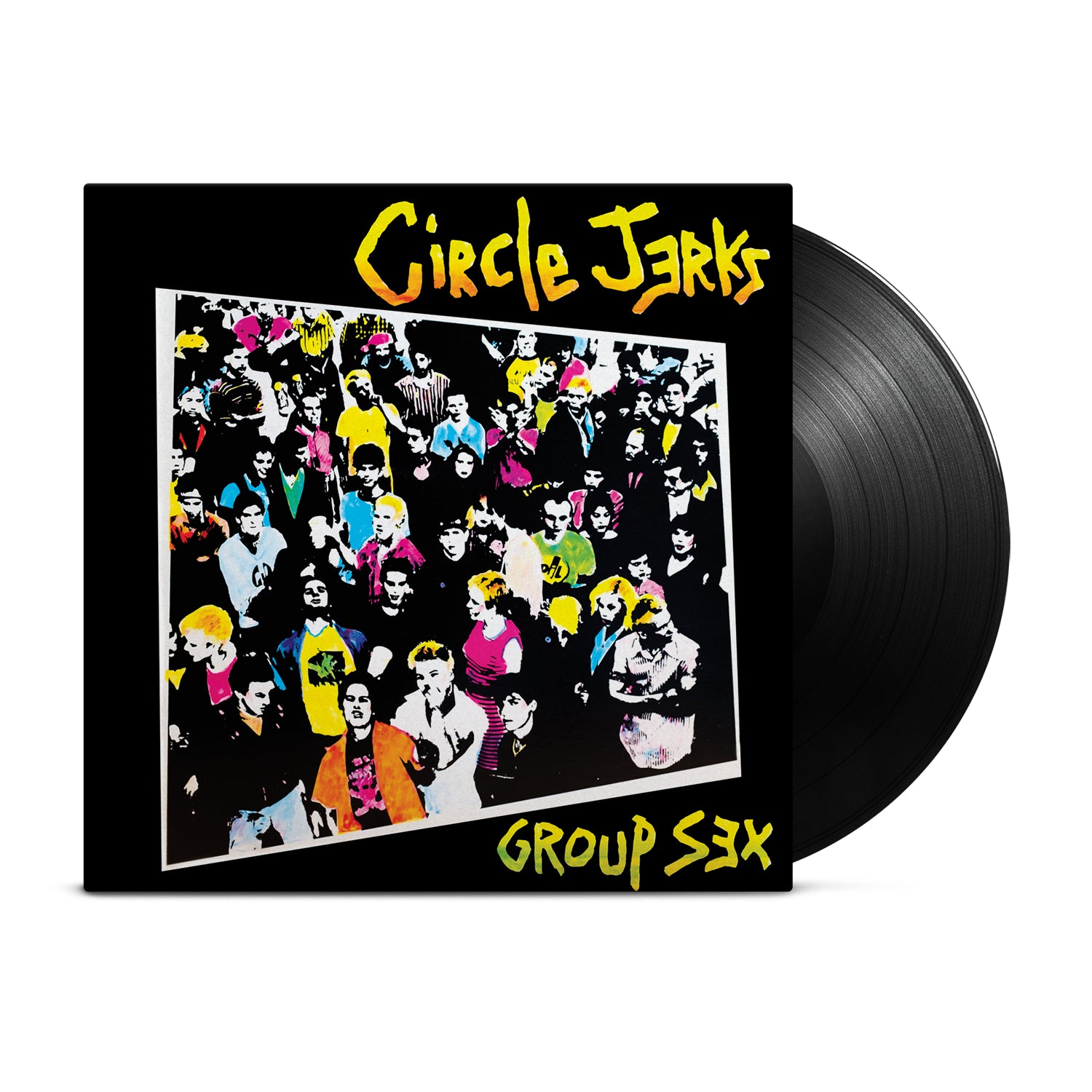 Circle Jerks Group Sex 40th Anniversary black vinyl record features a vibrant punk crowd photo on a black cover, with the band name and album title in yellow. Includes a deluxe booklet. Brand: Circle Jerks.